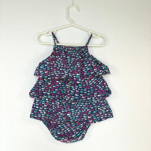Vineyard Vines Baby Girl Tiered Ruffles Romper 12m Multicolor Whale Print Ocean - Picture 1 of 5
